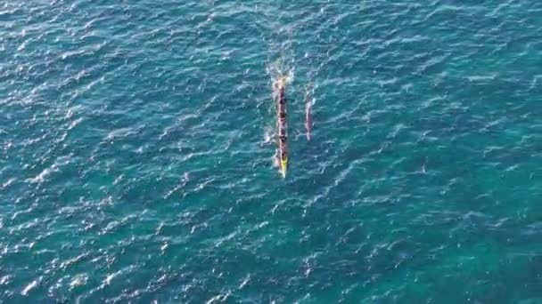 夏の明るい青い緑の海でのウォータースポーツ活動 アウトリガーカヌーで航海するスポーツチームのトップダウンショット 伝統的なハワイのカヌーをボートする運動選手の概観 オアフ — ストック動画