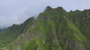 Yeşil ormanların zirvesinin manzarası. Bulutlu bir günde Kualoa çiftlik parkı. Yağmurlu bir günde sinematik tropikal doğa dağ manzarası. Yüksek dağların tepesinde bulut. Dramatik kopya arkaplanı