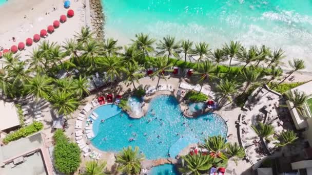 熱帯庭園の青いプールでリラックスした金持ちの風景ショット 晴れた日には ビーチフロントの豪華リゾートホテルを眺めることができます ハワイ島でのドリーム旅行 ホノルルのワイキキリゾートでの夏休み — ストック動画