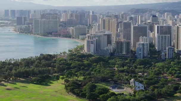 Gyönyörű Napos Nyári Nap Honolulu Városban Oahu Szigetén Légi Panoráma Jogdíjmentes Stock Videó
