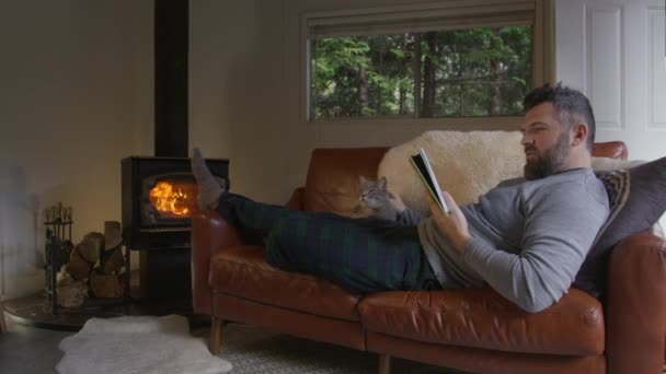 Rahat Erkek Kitap Okurken Sıcak Bir Orman Kulübesindeki Odun Ocağında — Stok video