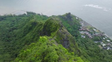 Kahekili Tepesi 'nde Sinen Aslan yürüyüş parkuru. Yeşil ormanlarda açık hava macerası Oahu Adası Hawaii. Bulutlu bir günde tehlikeli dik uçurum. Aktif turizm için vahşi doğa kavramını keşfedin