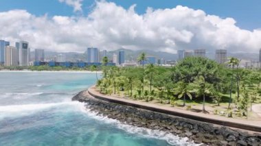 Oahu Hawaii 'deki Sihirli Ada' daki Sahne Hindistan Cevizi Ağacı Noktası. Honolulu 'daki Ala Moana plajının üzerindeki tüylü beyaz bulutlar. Güneşli yaz gününde Ala Moana bölgesinin modern binaları. ABD Turizmi 4K