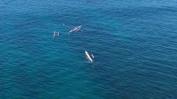 Ilmakuva Urheilujoukkueet Kilpailevat Veneilyssä Perinteisen Havaijin Kanootti Scenic Veden Toimintaa — kuvapankkivideo