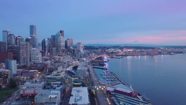 Seattle City Background Eua Washington Pôr Sol Crepúsculo Roxo Cores — Vídeo de Stock