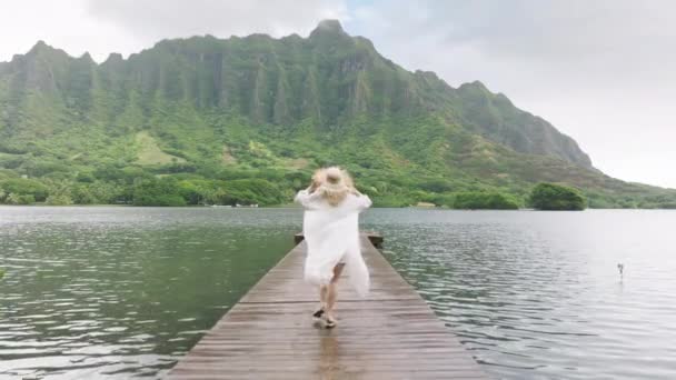 ハワイ島の秘密のビーチ池を探索する女性のカメラ 映画のジュラシックな自然の山の景色を望む空の木製の桟橋4K オアフ島の壮大な風景を散策する観光客のバックビュー — ストック動画