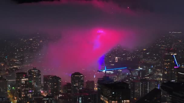 新年2024年のお祝いの夜の風光明媚な花火 シアトル市の美しいピクニックショー 夜に雲の中で色々な花火が爆発する 照らされた観測塔の周囲の花火ショー — ストック動画