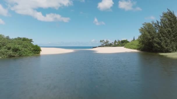 Drone Flyr Fort Fremover Lavt Waimea Elveblå Lagune Med Hvit – stockvideo