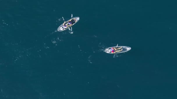 Два Каякера Спокойном Пространстве Озера Тахо Глубокие Голубые Воды Вид Лицензионные Стоковые Видео