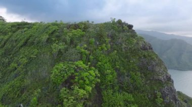 Aktif turizm için vahşi doğa kavramını araştırın. Kahekili Tepesi 'nde Sinen Aslan yürüyüş parkuru. Yeşil ormanlarda açık hava macerası Oahu Adası Hawaii. Bulutlu günde tehlikeli sarp kayalıklar