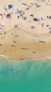 Dikey video. Pasifik Okyanusu, Laguna Sahili, Orange County, Kaliforniya 'da yüzen insanların en iyi görüntüsü. Turistlerin yaz tatilinin tadını çıkardıkları drone görüntüleri. Okyanusun kristal yeşil suyu.