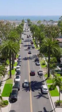 Dikey video. Newport Beach yolunda trafiği olan insansız hava aracı, Corona Del Mar, California, Batı Sahili, ABD. Yerleşim yerleri ve yüksek palmiye ağaçları olan özel villalar. Uzun yol uzanıyor..