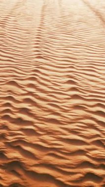 Dikey video. Zemine birkaç çizgi kazınmış kumlu bir bölge, muhtemelen rüzgar veya hayvanların hareketleri yüzünden. Çizgiler kumda bir desen oluşturuyor, manzaraya doku ekliyor..