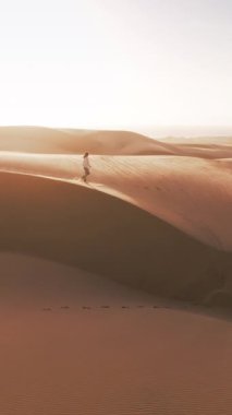 Dikey video. Bir kişi, muhtemelen bir kız, çölde kumlu bir arazide yürüyor, arkasında güzel kum tepeleri var. Manzara kurak ve uçsuz bucaksız, üzerinde açık mavi bir gökyüzü var..