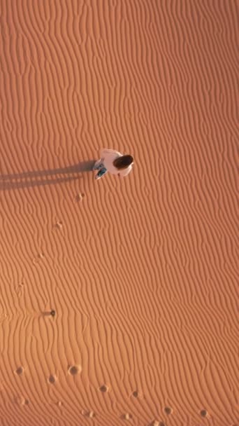 バーティカルビデオ 砂丘に囲まれた広大な砂漠の風景に立っている人 個体は広大で不毛な環境と比較して小さく見えます — ストック動画