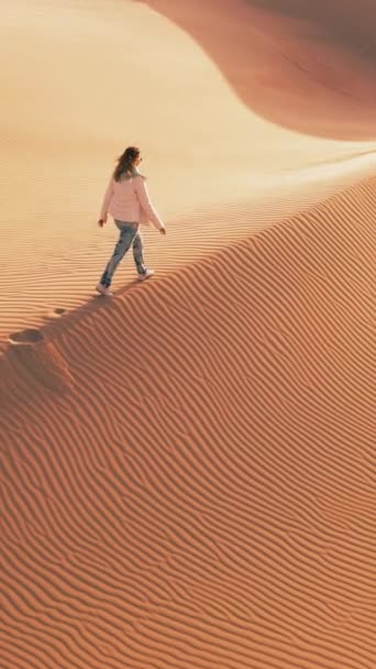 Вертикальное Видео Женщина Идет Огромной Песчаной Дюне Пустыни Ветер Дует Стоковый Видеоролик