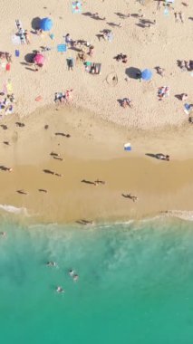 Dikey video. Pasifik Okyanusu, Laguna Sahili, Orange County, Kaliforniya 'da yüzen insanların en iyi görüntüsü. Turistlerin yaz tatilinin tadını çıkardıkları drone görüntüleri. Okyanusun kristal yeşil suyu.