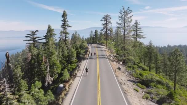 Runners Engage Thrilling Race Scenic Road Tahoe Lake Flanked Coniferous Royaltyfrie stock-videoer