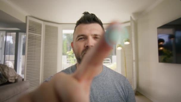 Stylish Bearded Man Tapping Screen Modern Touchscreen Device Web Camera — Stock Video