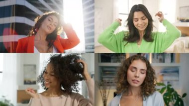 Çok ırklı dört farklı modelin güzel portreleri. Neşeli İspanyol kolajı, melez ırk ve güzel saçlı ve sağlıklı tenli beyaz kadınlar. Kendine güvenen bağımsız kadınlar. Kadınlık kavramı.