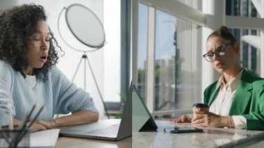 Kızgın hoşnutsuz müşteri şirket yöneticisiyle gergin proje tartışması yapıyor. Karışık ırk girişimcileri, partnerlerinin sunduğu çözümlerden memnun değil. Video görüşmesi sona eriyor, uzaktan iletişim 4K