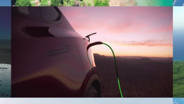 Uitzoomen Collage Elektrische Auto Opladen Bij Zonsondergang Mensen Die Schone — Stockvideo