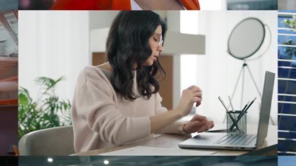 Amplie Colagem Mulher Empresária Hispânica Trabalhando Laptop Pessoas Negócios Sorridentes — Vídeo de Stock
