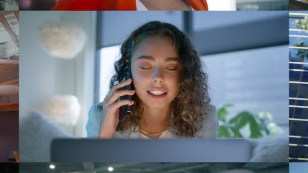 Zoomaa Muotokuva Nuori Tyylikäs Ammatillinen Liiketoiminnan Nainen Puku Älypuhelimella Modernissa tekijänoikeusvapaa kuvapankkivideo