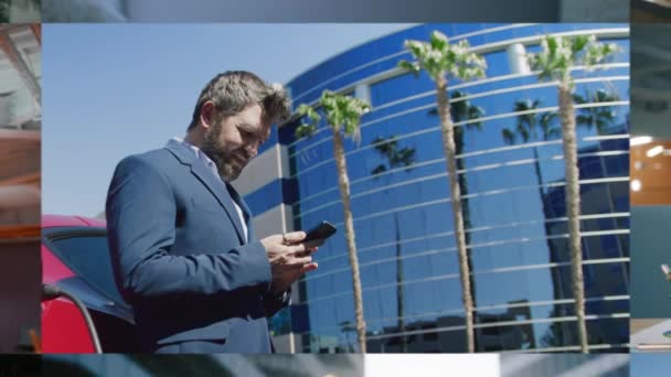 近代的なオフィスビルでスマートフォンを使用してCeoの経営幹部をズームアウト 成熟したビジネスマンは 携帯電話を見ているブレーザーに集中しました リモートで協力する多様な人々のコラージュ — ストック動画