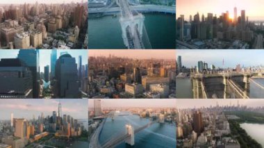 New York 'ta modern Manhattan havacılığı. Central Park, Brooklyn Köprüsü, Wall Street 'te günbatımı. Amerikan seyahat geçmişi. New York seyahat konsepti kolaj içinde. ABD turizmi 4K