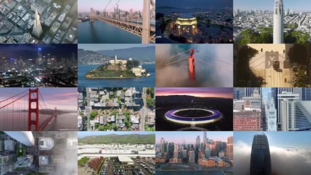 2022年6月10日 美国加利福尼亚州旧金山 苹果校园和特斯拉工厂航空 旧金山是空中景观的地标 风景秀丽的落日下的金门大桥 伦巴第 塞福斯 科特塔 阿尔卡特拉兹 — 图库视频影像