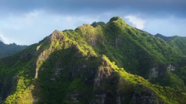 Kualoa, Oahu, Hawaii, ABD 'de zirvesinde birkaç ağaç bulunan yeşil bir dağ. Kamera manzaranın doğal güzelliğini yakalar, yemyeşil bitki örtüsünü ve engebeli araziyi gösterir..