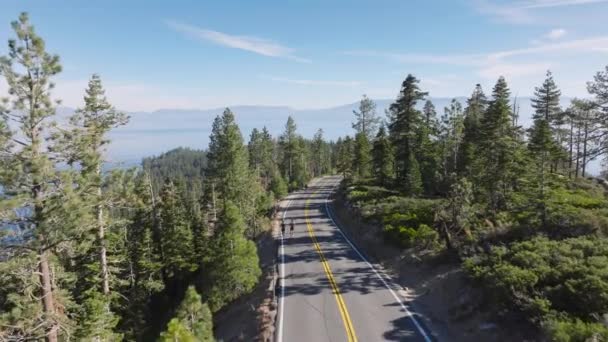 緑豊かな松林と印象的な山の景色に囲まれたタホ湖の道沿いの挑戦的なルートに取り組むランナーのグループは 自然の素晴らしさの中で彼らの運動力を見せます アメリカ合衆国 — ストック動画