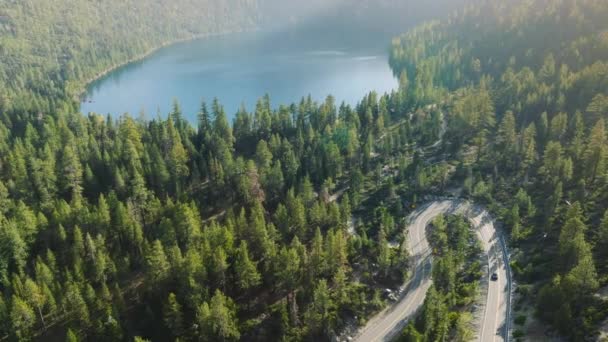 从空中俯瞰一条蜿蜒穿过美国加州塔荷湖茂密森林的公路 4K镜头 — 图库视频影像