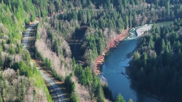 Tembakan Udara Menangkap Perjalanan Berliku Dari Sungai Memotong Hutan Washington — Stok Video