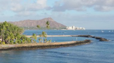 Waikiki, Oahu 'daki tropikal bir adanın güzelliğini yaşayın, ön planda gür palmiye ağaçları, açık mavi gökyüzünün arka planına karşı..