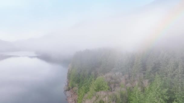 Mesmerizing Aerial View Captures Delicate Rainbow Arching Fog Enshrouded Lake — Stock video