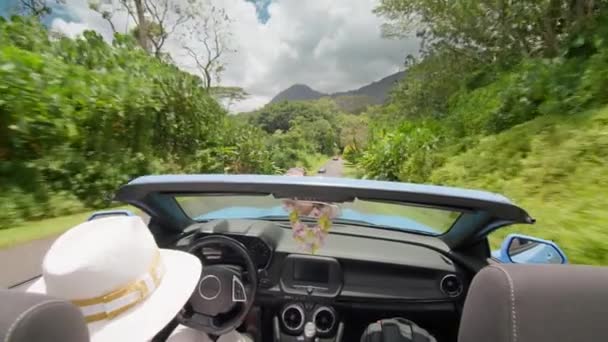 在瓦胡岛的一个公园里 一个快乐的女人在平静的乘坐中感受着微风 她的可兑换滑翔机滑过了郁郁葱葱的夏威夷风景 4K镜头 — 图库视频影像