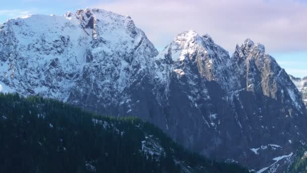 山頂の明るい雪に対する暗い険しい崖のスタークコントラスト その基地に緑の森 4K映像について — ストック動画
