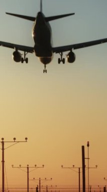 Günbatımında yere inen bir uçağın büyüleyici dikey videosunun keyfini çıkarın, havacılığın güzelliğini ve alacakaranlığın dinginliğini vurgulayın. Video podyuma çarpıcı bir yaklaşım sergiliyor.