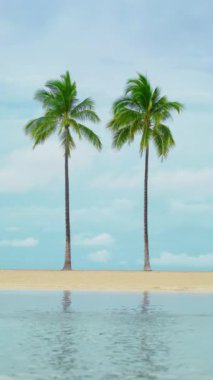 Dikey Ekran: Görüntü, tropikal tatiller ve plaj tatilleriyle ilgili konular için ideal olan açık mavi gökyüzünün altında kumlu sahillerde duran iki uzun palmiye ağaçlı sakin bir tropikal plaj sahnesi sergiliyor
