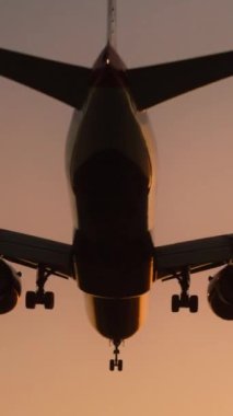 Dikey ekran: Gün batımında inen bir uçak, sıcak akşam gökyüzüne yansıyan silüetiyle büyüleyici bir görüntü yaratır, havacılık seyahatinin ve alacakaranlık parıltısının güzelliğini gözler önüne serer.