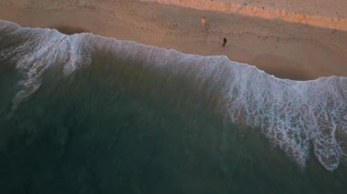 Newport Beach, California, ABD - 17 Aralık 2024: Newport Beach, Kaliforniya, ABD 4K hava görüntüsü. Dalgalar kıyıya vuruyor, bireyler sakin sahil manzarasının tadını çıkarıyor.