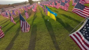 Bir FPV insansız hava aracı, 911 kurbanlarını onurlandıran 3000 bayrağın çarpıcı görüntüsünü yakalıyor. Bu küresel birliği ve sayısız hayatı etkileyen bu önemli olayı simgeliyor.