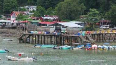 Bu hava fotoğrafı Kosta Rika 'nın canlı kıyı şeridini yakalar, sakin gök mavisi suları, renkli balıkçı tekneleri, ve sıcak kumlu sahilde Kara Akbabalar, pitoresk bir manzara yaratır.