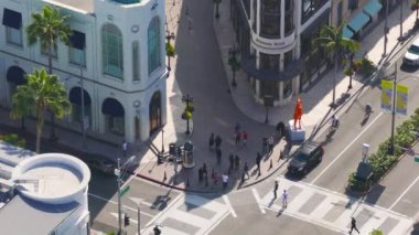 Rodeo Drive, Beverly Hills, California, ABD - 12 Temmuz 2024 Rodeo Drive 'ın kayda değer bir genel manzarası, lüks ve ikonik palmiyeleri ile lüks ruhunu yakalıyor.