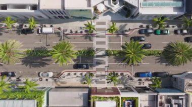 Rodeo Drive, Beverly Hills, California, ABD - 12 Temmuz 2024 Rodeo Drive 'ın çarpıcı, tepeden tırnağa görüntüsü, lüks mağazalarının ve canlı palmiye ağaçlarının zarif düzenini vurguluyor..
