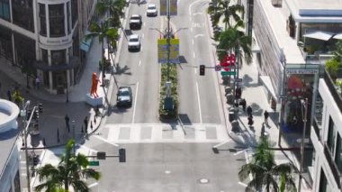 Rodeo Drive, Beverly Hills, California, ABD - 12 Temmuz 2024: Bu havadan çekilen fotoğraf, yemyeşil ve lüks butiklerin çerçevelediği ünlü Rodeo Drive 'ı çekiyor.