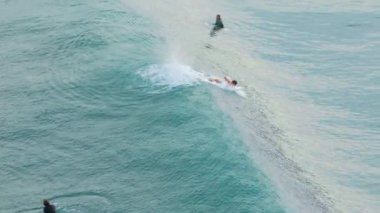 Kosta Rika - 3 Haziran 2024: Güzel Kosta Rika 'da güçlü dalgalarda sörf yapan yetenekli sörfçülerin nefes kesici hava manzaralarının keyfini çıkarın..