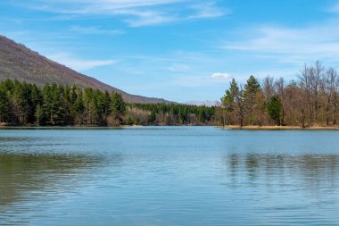 Kozalaklı ormanlarla çevrili doğal bir göl.